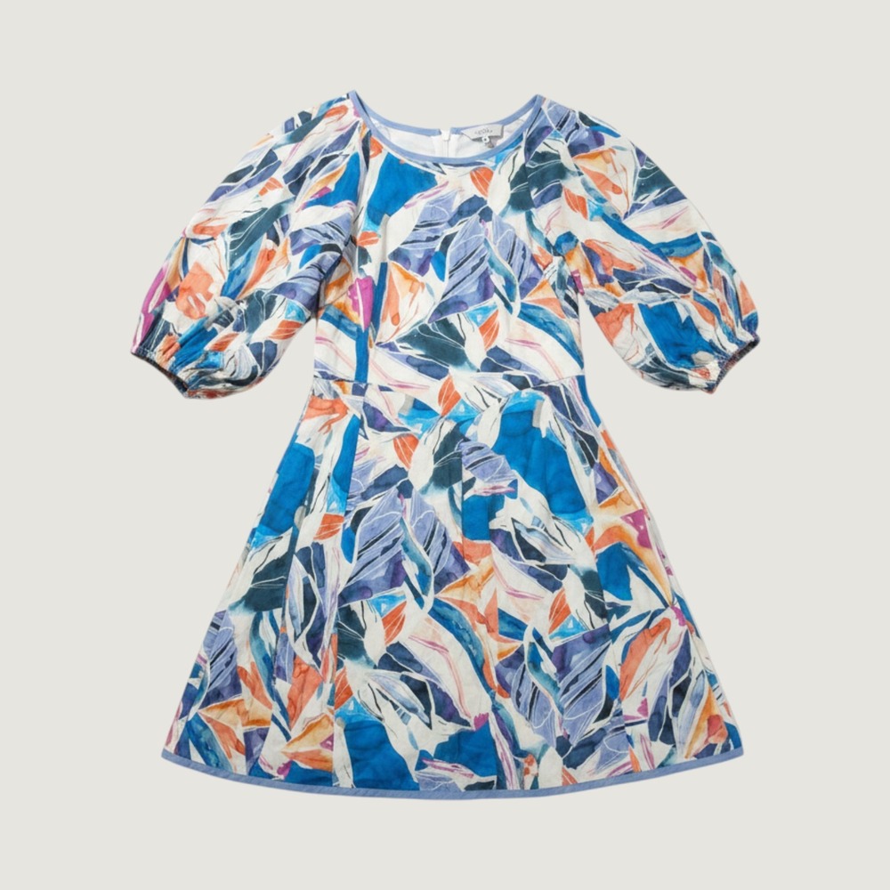 LaRoque Mini Dress Women Medium Multi Color Abstract Puff Sleeve Cotton 2126